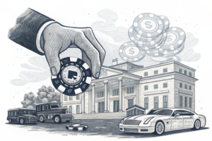 A massive hand reaches out to grab a digital casino chip, surrounded by luxury vehicles and frozen bank accounts.