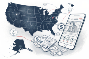 A digital map with restricted areas marked by glowing borders, surrounded by fading mobile devices displaying betting content.