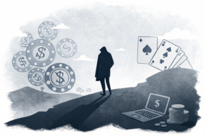A shadowy figure casts a looming presence over a digital landscape of disappearing online gambling platforms.