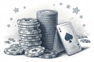 A towering digital barrier separates a shrinking stack of online gambling chips from a fading crowd of new players.