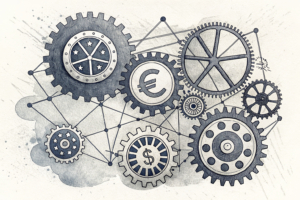 A tangled web of interconnected gears and cogs symbolizes the intricate relationships between organizations involved in a controversial partnership.