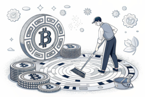 A digital maze of gambling chips swirls around a towering, unyielding tech symbol, while a small, futile broom tries to sweep them away.