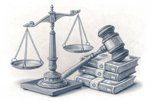 A scale weighing a stack of digital prediction contracts against a pile of money, while a gavel hovers above symbolizing legal disputes.