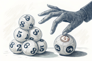 A giant hand reaches out to close a gap between two stacks of lottery balls, one representing the original US Powerball and the other the newly introduced Powerball UK.