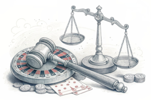 A scale tips between a gavel representing state regulation and a roulette wheel symbolizing prediction markets, with digital chips scattered on the ground.