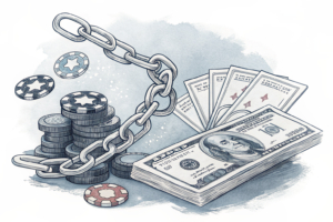A broken chain symbolizes the suspension of two gambling operators' licenses, while a fading stack of digital chips represents the regulatory failings.