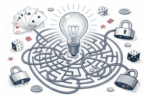 A maze of tangled wires and locks surrounds a glowing lightbulb, symbolizing the complexity and challenges in accessing clear gambling information.