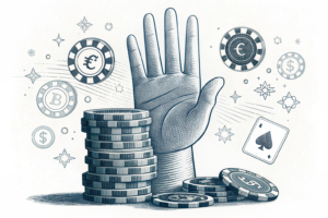 A towering hand restricts a fading stack of digital casino chips, symbolizing the blurred lines between gambling support and promotion.