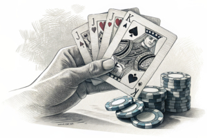 A hand of cards is dealt, revealing a mix of electronic and paper games, while a shadow looms over a stack of chips as they fade into the background.