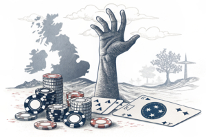 A giant hand casts a shadow over a digital landscape of fading offshore igaming brands, symbolizing the crackdown on unlicensed gambling in the Netherlands.