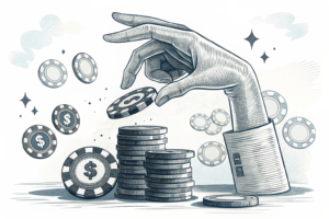 A giant hand reaches out to grab a disappearing stack of digital coins, symbolizing the vanishing deposits in fake online gambling.