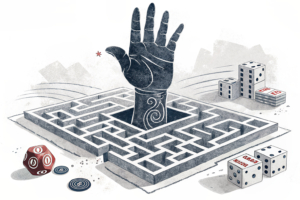 A towering hand casts a shadow over a maze of interconnected digital pathways, symbolizing the need to protect young individuals from the harmful effects of gambling.