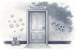 A closed door marked with a 'wagering' sign stands in front of a diverse group of visitors entering a gaming salon.