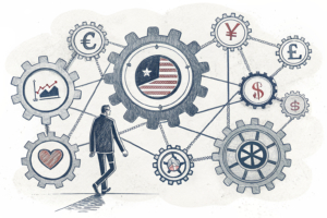 A web of interconnected gears symbolizing the global network supporting illegal gambling operations, overshadowing a small figure representing national regulators.