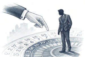 A hand reaches out to place a bet on a shadowy figure in a suit, surrounded by fading digital numbers.