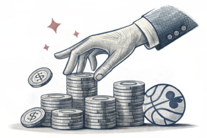 A digital hand hovers over a fading stack of virtual coins, representing the fluctuating revenue in the online sports wagering industry.