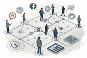 A labyrinth of interconnected digital platforms, including social media, marketplaces, and software developers, creates a complex ecosystem with shadowy figures manipulating transactions.