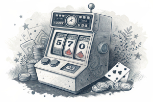 A digital gaming machine displays a clock showing the duration of play, while a series of symbols representing wins and losses are blocked from view.
