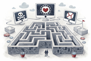 A maze of interconnected digital screens with gambling symbols leads to a dark void, symbolizing the hidden dangers of online gambling.