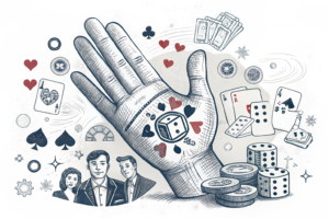 A giant digital hand restricts a flow of various gambling-related symbols and ads from reaching a diverse group of people.