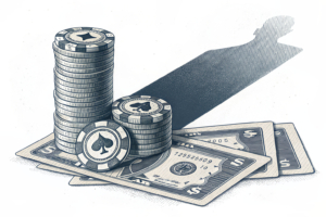 A shadow looms over a diminishing stack of digital betting chips, symbolizing the potential impact of a tax increase on the gambling industry.