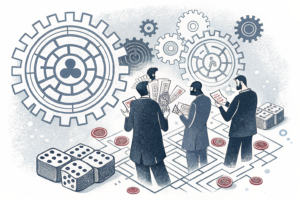 A maze of interconnected gears and algorithms surrounds a group of faceless figures holding betting slips, symbolizing the intricate use of AI in gambling promotions.