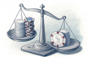 A scale balancing a stack of coins and a casino chip, symbolizing the struggle between welfare support and gambling temptations.