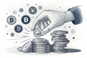 A large digital hand hovers over a stack of fading virtual coins, symbolizing crackdown on illegal online gambling.