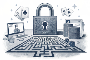 A large digital lock symbol hovers over a shadowy maze of interconnected websites, symbolizing the need for swift blocking of illegal gambling platforms.
