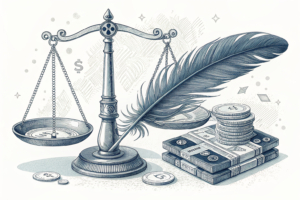 A scale balancing a feather and a stack of digital chips symbolizes the legal dispute between tribes and a platform over event contracts.