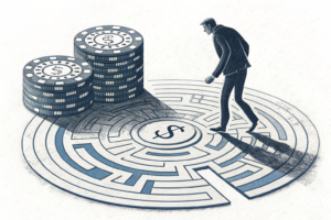 A shadowy figure creates a maze of interconnected loopholes around a fading stack of gambling chips.