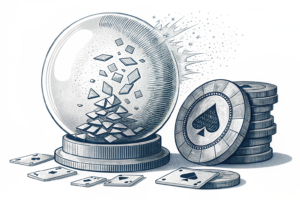 A crystal ball shatters into pieces, revealing a fading stack of digital prediction market data chips underneath.