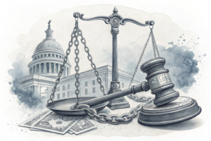 A scale balances between a gavel representing state enforcement and a financial chart symbolizing federal oversight, with a broken chain in the middle.