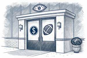 A closed door with a football emblem leads to a vibrant community center, symbolizing the transformation of gambling venues into sports-focused spaces.