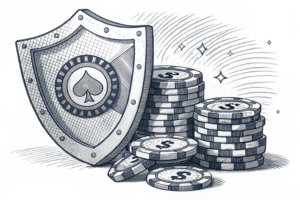A digital shield blocks a stream of payment symbols from reaching a stack of virtual gambling chips.