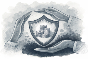 A shield of intertwined hands protects a stack of digital assets, symbolizing the new chair's role in safeguarding against financial crime and fraud.