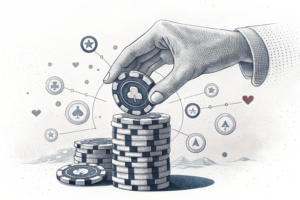 A giant hand gently lifts a veil of uncertainty from a stack of fading digital poker chips.