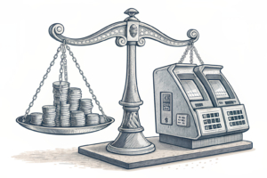 A scale balances between a stack of property tax relief coins and skill game machines, while a gavel hovers above, symbolizing the impending decision by the state Supreme Court.