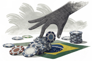 A giant hand casts a shadow over a digital landscape of fading gambling chips, symbolizing the significant impact of Brazil's online betting ban on major gambling firms.
