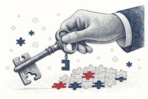 A giant hand removes a key piece from a complex puzzle, symbolizing the dismantling of regulatory oversight in various sectors.