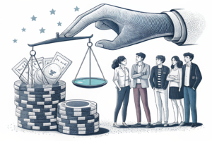 A pair of hands carefully balances a scale between a stack of gambling chips and a group of individuals under 25, while a watchful eye oversees the scene.