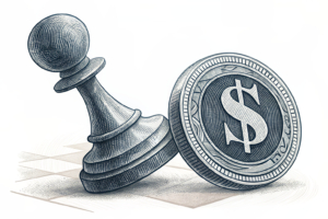 A single, abstract object, visually blending elements of a game piece and a financial token, is being stretched and pulled in opposing directions by two distinct, unseen forces.
