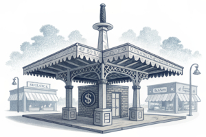 A sturdy, ornate pillar supports a thriving, interconnected canopy of businesses, while a heavy, sharp blade hovers precariously above it.