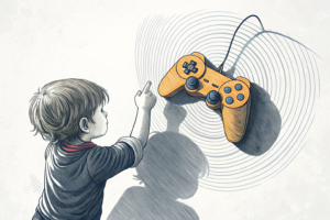 A child's hand reaches for a brightly colored game controller, which casts a long, distorted shadow of a spinning wheel on the wall.