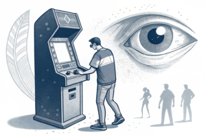A robust, physical gaming machine is meticulously examined by a giant, watchful eye, while its digital shadow stretches into a deceptive, pixelated mirage.