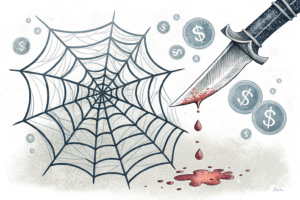 A dark, intricate web woven from threads of chance and greed is torn apart by a sharp, decisive blade, releasing a cascade of glittering, ill-gotten gains.