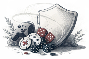 A transparent, protective shield descends over a cluster of vibrant gaming elements, causing some to crack and others to scatter into the surrounding shadows.