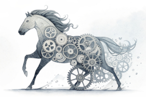 A single, ethereal horse silhouette emerges from a complex, transparent mechanism, leaving behind a multitude of identical, unlit horse shapes within its intricate gears.