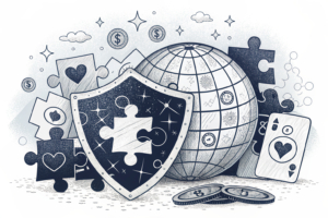 A group of interconnected puzzle pieces form a shield around a glowing orb, symbolizing unity and protection in the gambling sector.