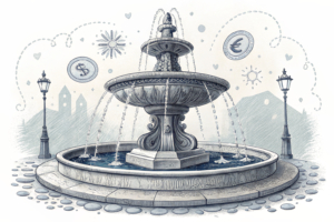 A grand, ornate fountain, once overflowing, now has its primary stream visibly diverted and thinned, flowing into multiple distant, smaller channels, leaving the basin directly beneath it significantly depleted.
